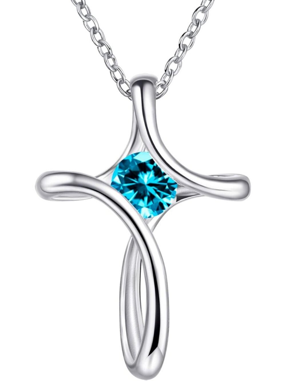 Women's Blue Diamond Sideways Sterling Silver Birthstone Cross Necklace Chain